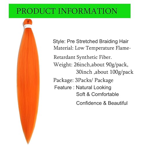 Miniatura 5 de Cabello trenzado preestirado de 26 pulgadas, 3 paquetes de cabello sintético para trenzar naranja, cabello sintético con ajuste de agua caliente