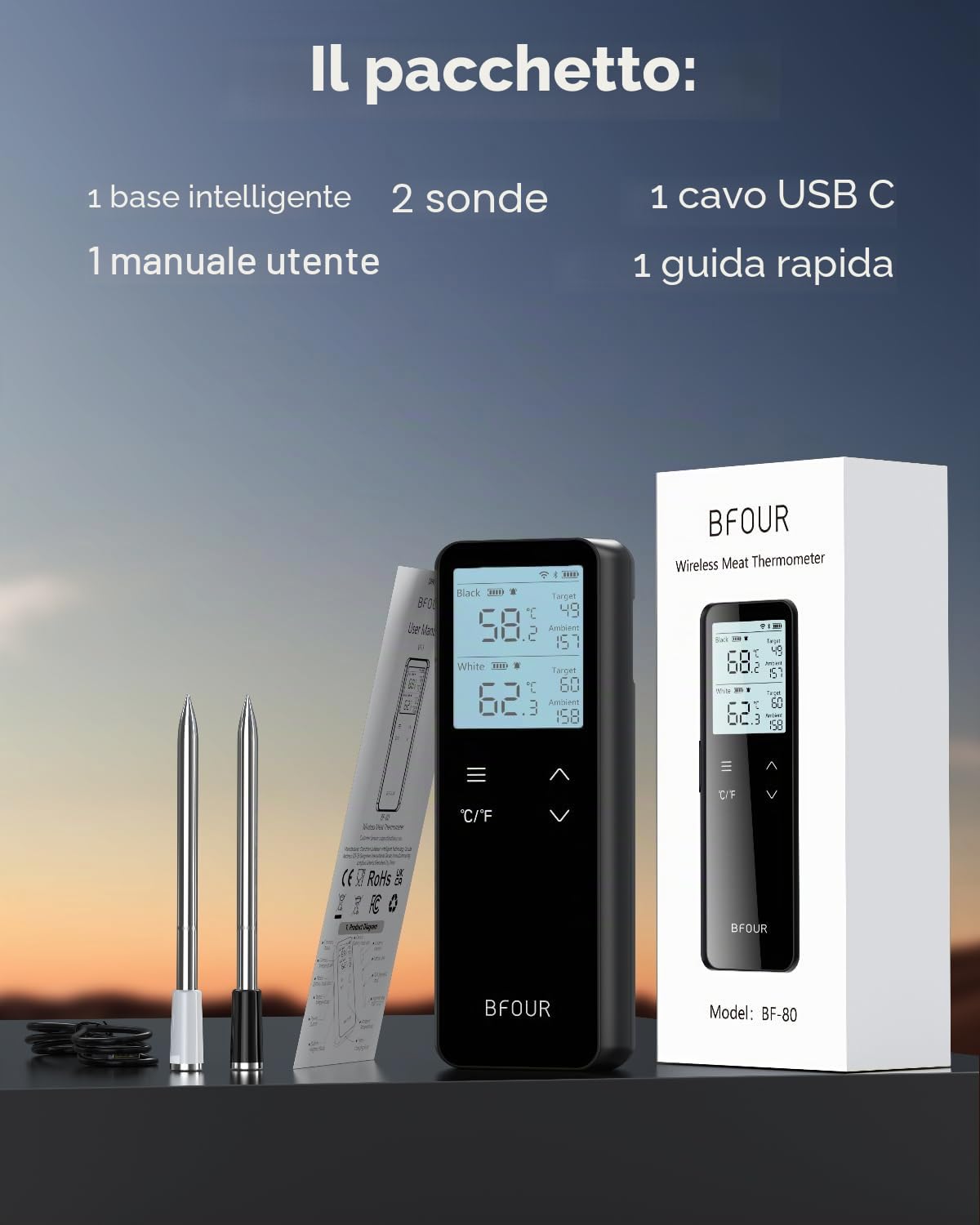 BFOUR BF-80 Termometro per carne senza fili con Bluetooth e WLAN, termometro per barbecue con 2 sonde, 6 sensori, IP67 impermeabile, pulsante touch, controllo tramite APP, termometro per arrosti per