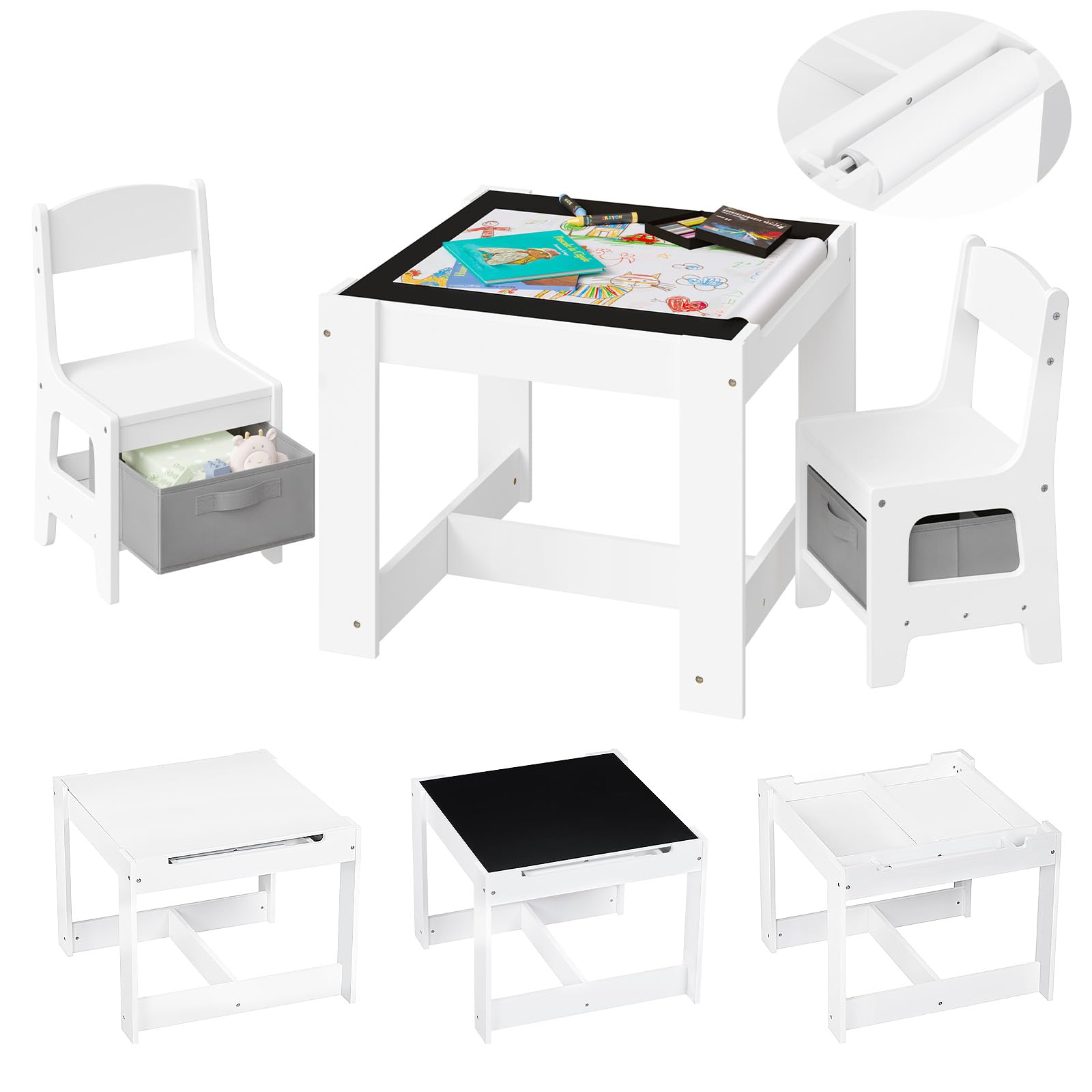 Lestarain Tavolino per Bambini con 2 Sedie, Lavagna, Scatole Portaoggetti, con Rullo di Carta per Asilo, Stanza dei Giochi