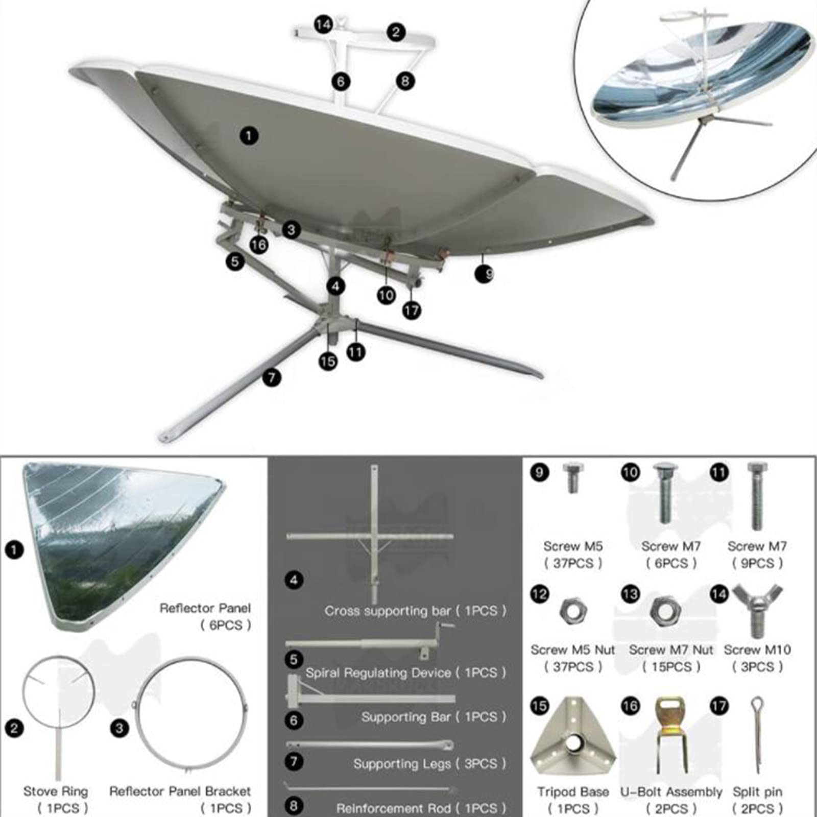 Cuiseur Solaire Parabolique Portable,1800w Cuiseur Solaire à Concentration,Camping en Plein Air Barbecue Cuisson des Aliments Concentrant L'Outil de Chaleur