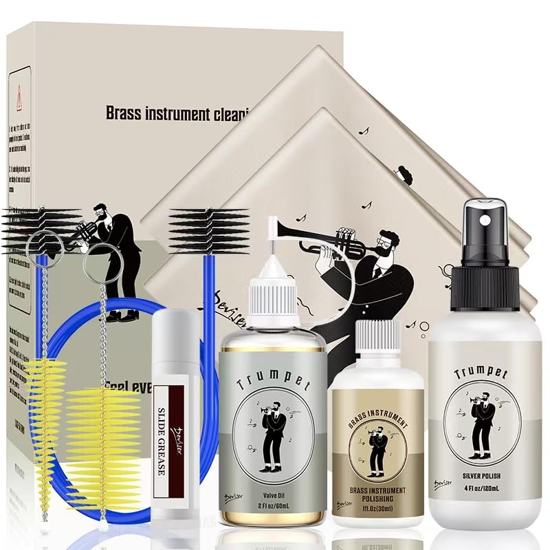 Kit completo de cuidado de trompeta, incluye pulido de plata, aceite de válvula, 2 paños de limpieza,...