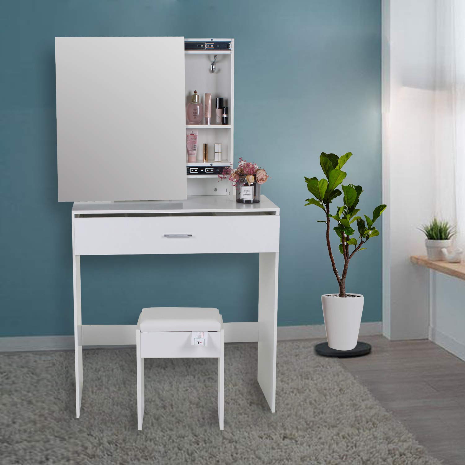 Tabouret de Coiffeuse en Bois Blanc pour Filles - Tabouret de Maquillage Ignifuge - Meuble deChambre à Coucher