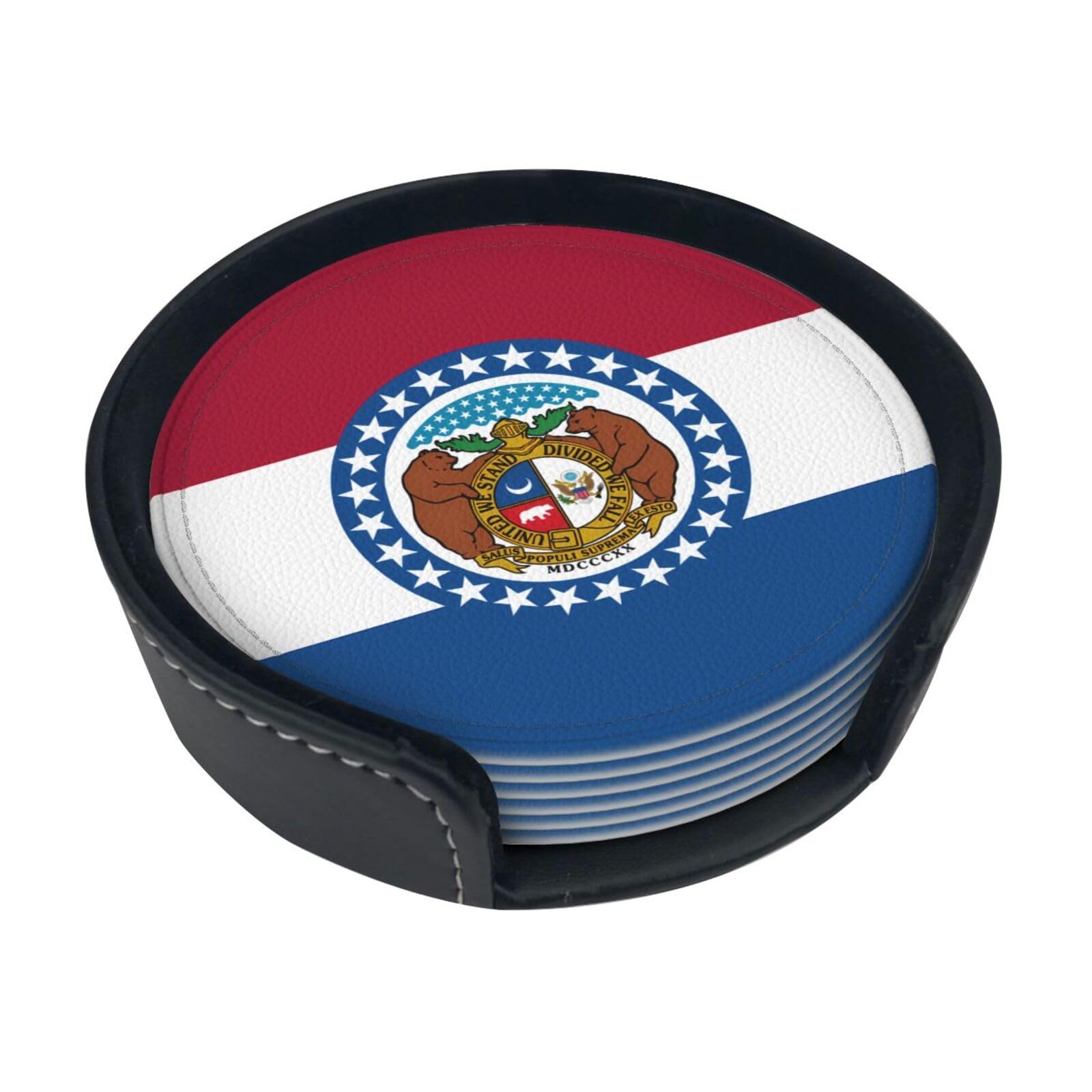 Cntdbu White Missouri State Flag Leather Coasters Set Of 6-Pu Leather Drink Mats For Table, Heat Resistant Round Coasters With Holder