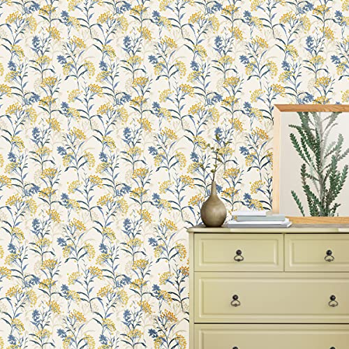 Image of Blue Leaves and Berries on Branches, Wildflower Meadow Wallpaper| Self Adhesive Wallpaper Peel & Stick, Waterproof, Scratch Resistant (41cm x 244cm)