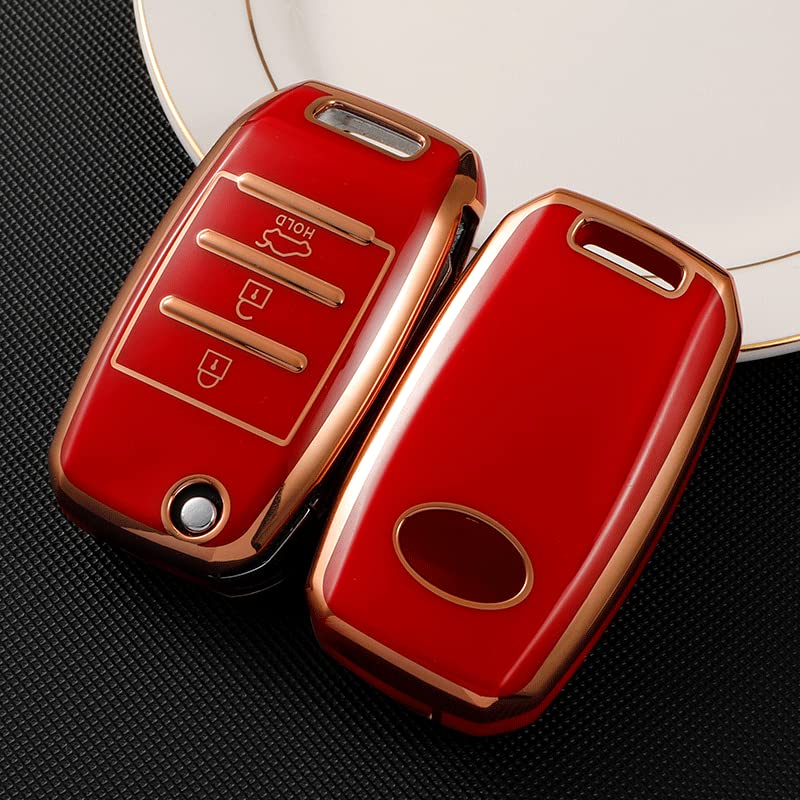 Image of KMH TPU Gold Car Smart Key Cover Compatible for Kia Seltos and Sonet 3 Push Button Smart Flip Key Shell Case Holder, Full Key Protection (Red Gold) Pack of 2