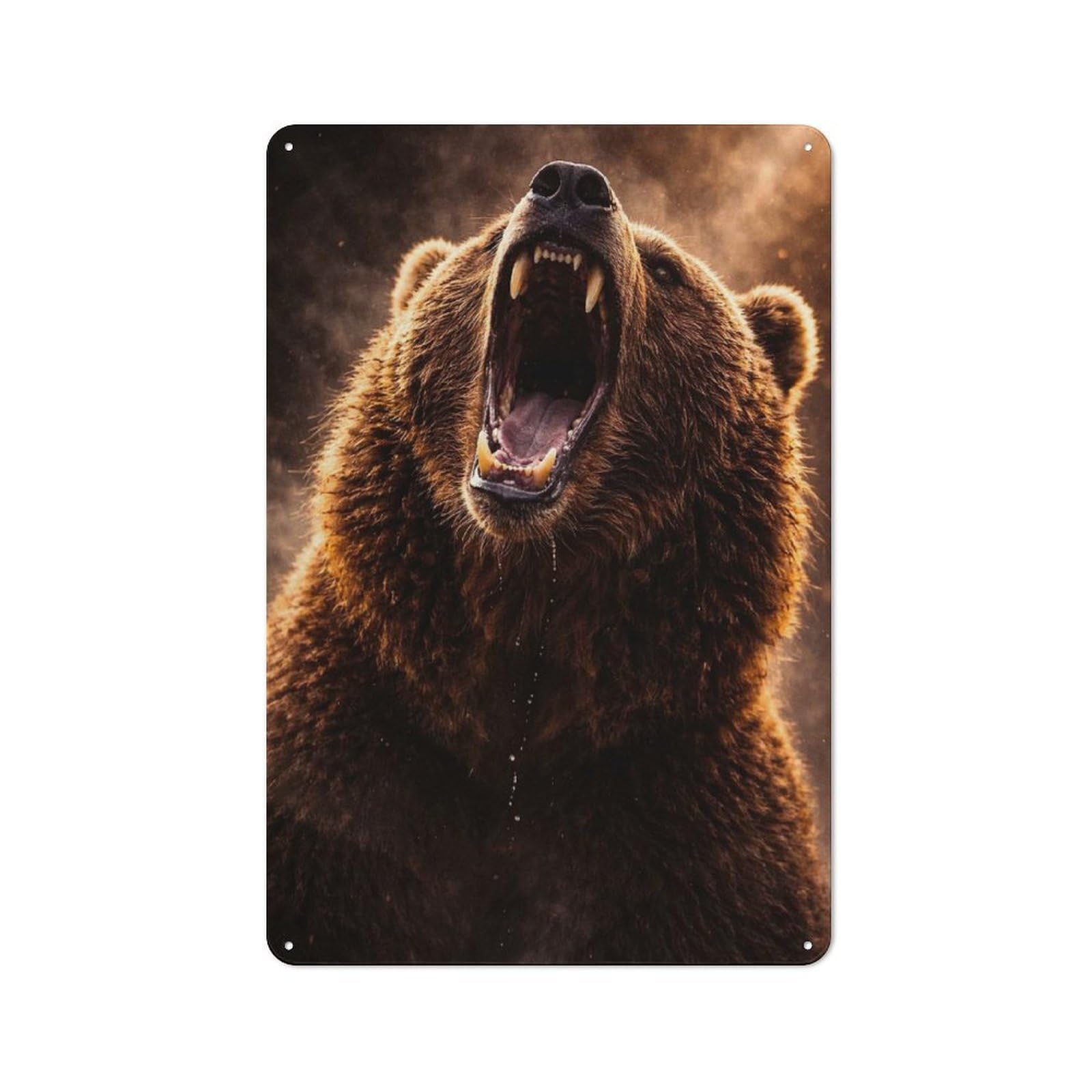 Junmoney Style-21 Metal Wall Sign 30X20cm Featuring Roaring Grizzly Bear Close-Up For Bar Or Restaurant, Gift For Bar Decor Enthusiasts During The Christmas Season