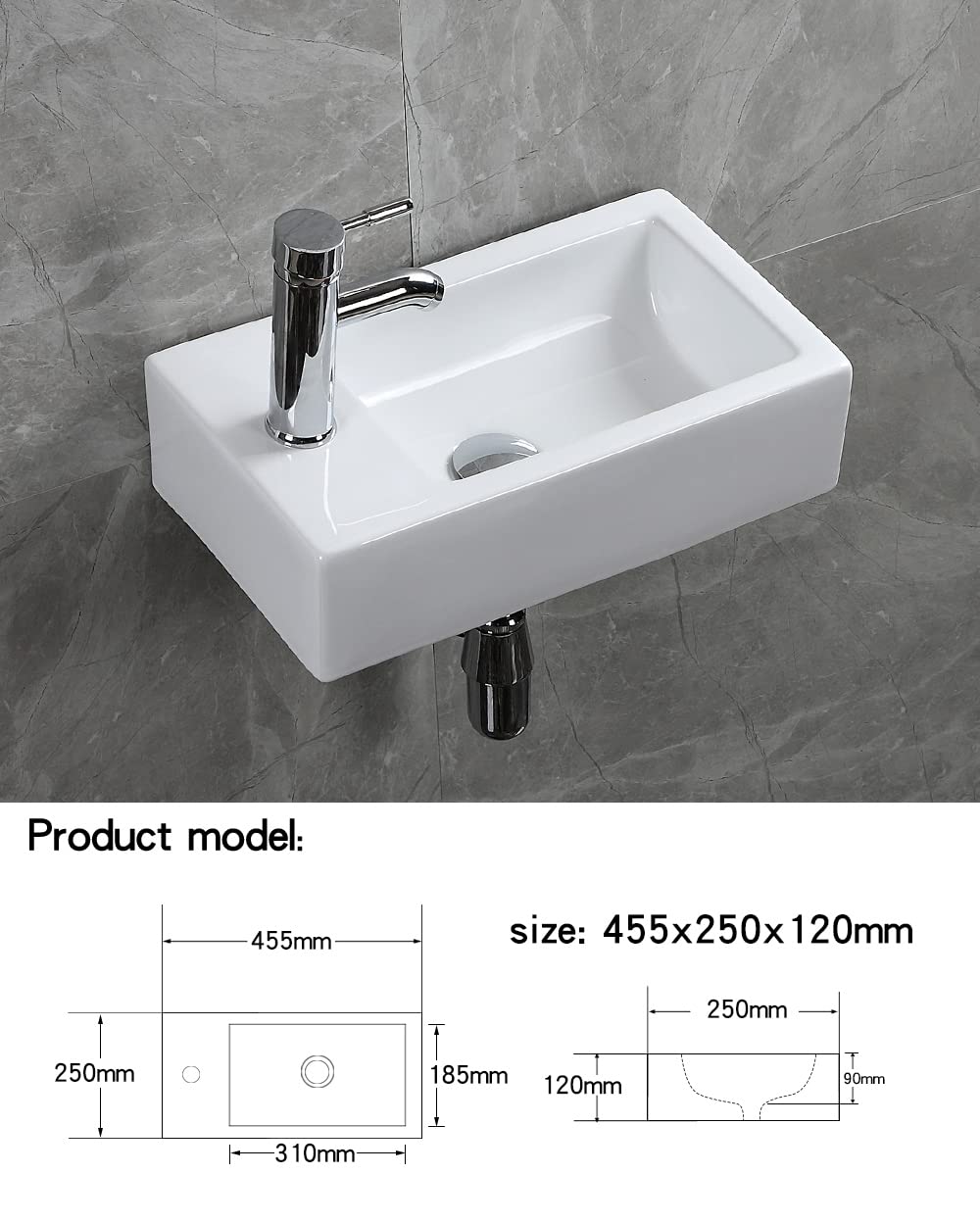 Lavello da parete rettangolare aggiornato con sifone per rifiuti Vaso in ceramica calcinazione ad alta temperatura Design bianco lucido Facile da installare e pulire per WC WC (sinistra)