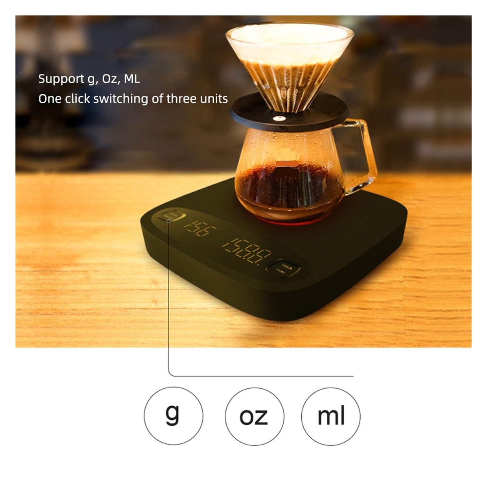 Báscula De Café Digital Electrónica Con Pantalla Táctil Temporizador, Cocina Recarga USB, Herramientas Medición LCD, 2kg/0,1g Medición Precisa Esfuerzo(Black)
