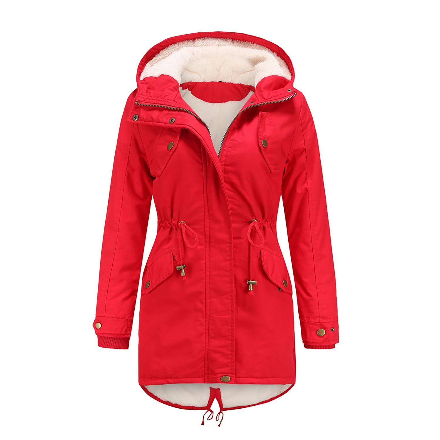 Damen Parka Mantel mit Kapuze Gepolsterte Baumwolljacke Damen Solide Fleece Gefüttert Warme Oberbekleidung für Radfahren, Wandern, Angeln, Bergsteigen,Red,XL(Bust:124cm)