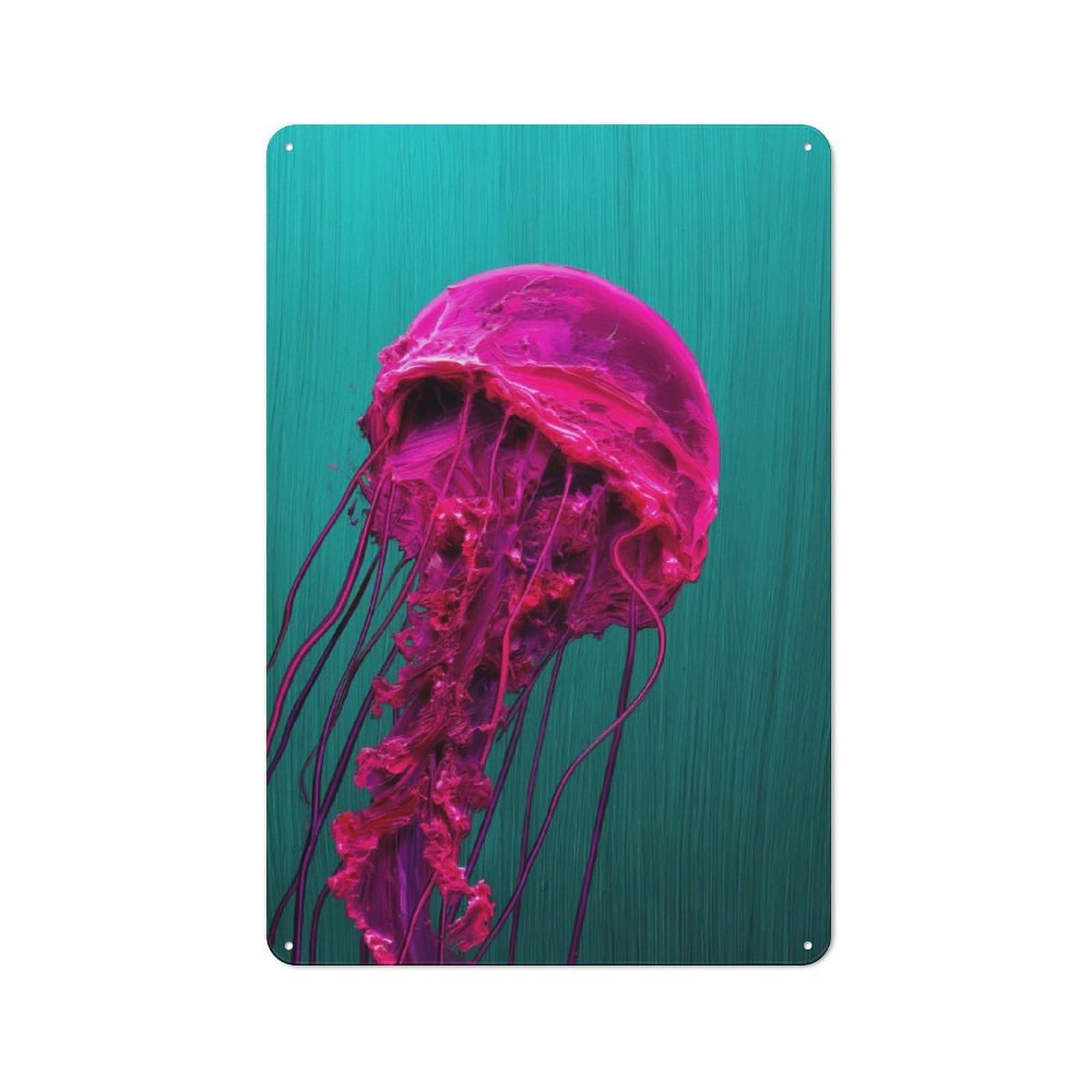 Metal Plaque 30x20cm with Vibrant Pink Jellyfish for Pub Or Café, Vintage Decor, for Vintage Wall Decor Fans, for Metal Sign Collectors