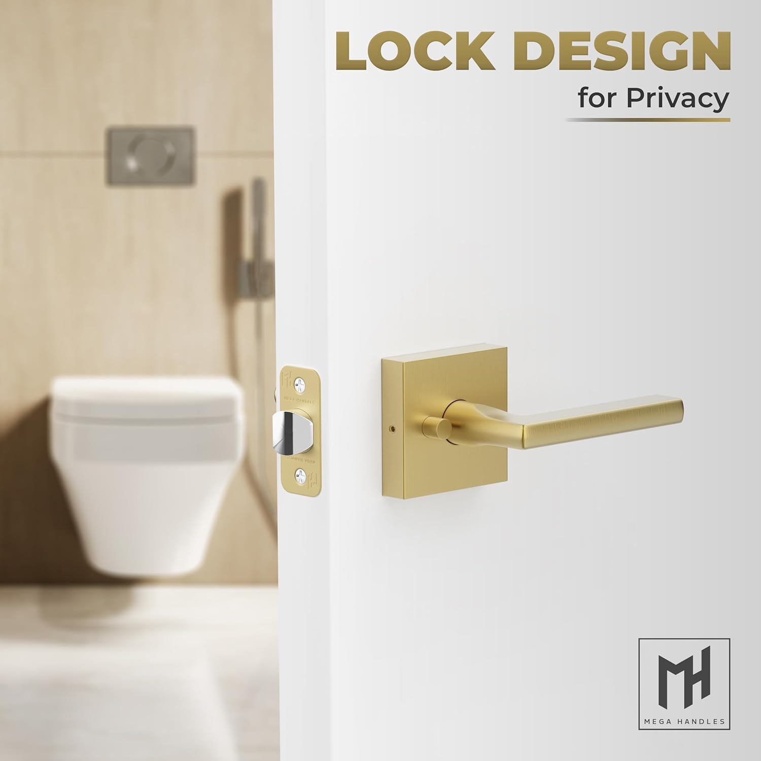 Mega Handles Prime Privacy Lever Door Handle for Hallway, Closet and Bathroom, Keyless Design Door Levers, Fits All Standard Door Sizes, Covered Screws Included - Satin Brass (1 Pack), 5''