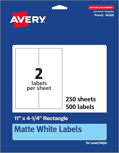 Avery Matte White Rectangle Labels, 11" x 4.25", 500 Matte White Printable Label