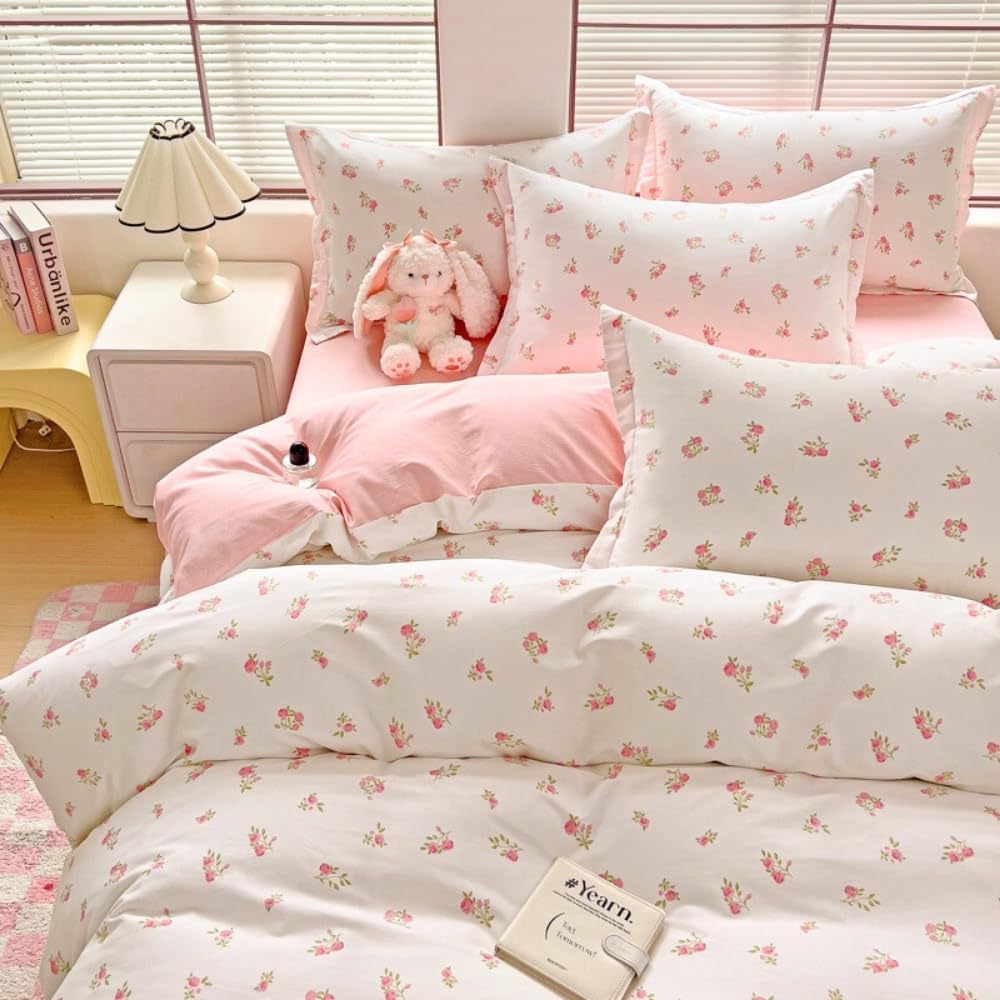 Michorinee Double Duvet Cover Set Pink Floral Print White Bedding Set Kawaii Style Girls Aesthetic Cute Renforce Microfibre Quilt Cover 200x200 cm with Zipper Closure Pillowcase 50x75 โ image 1