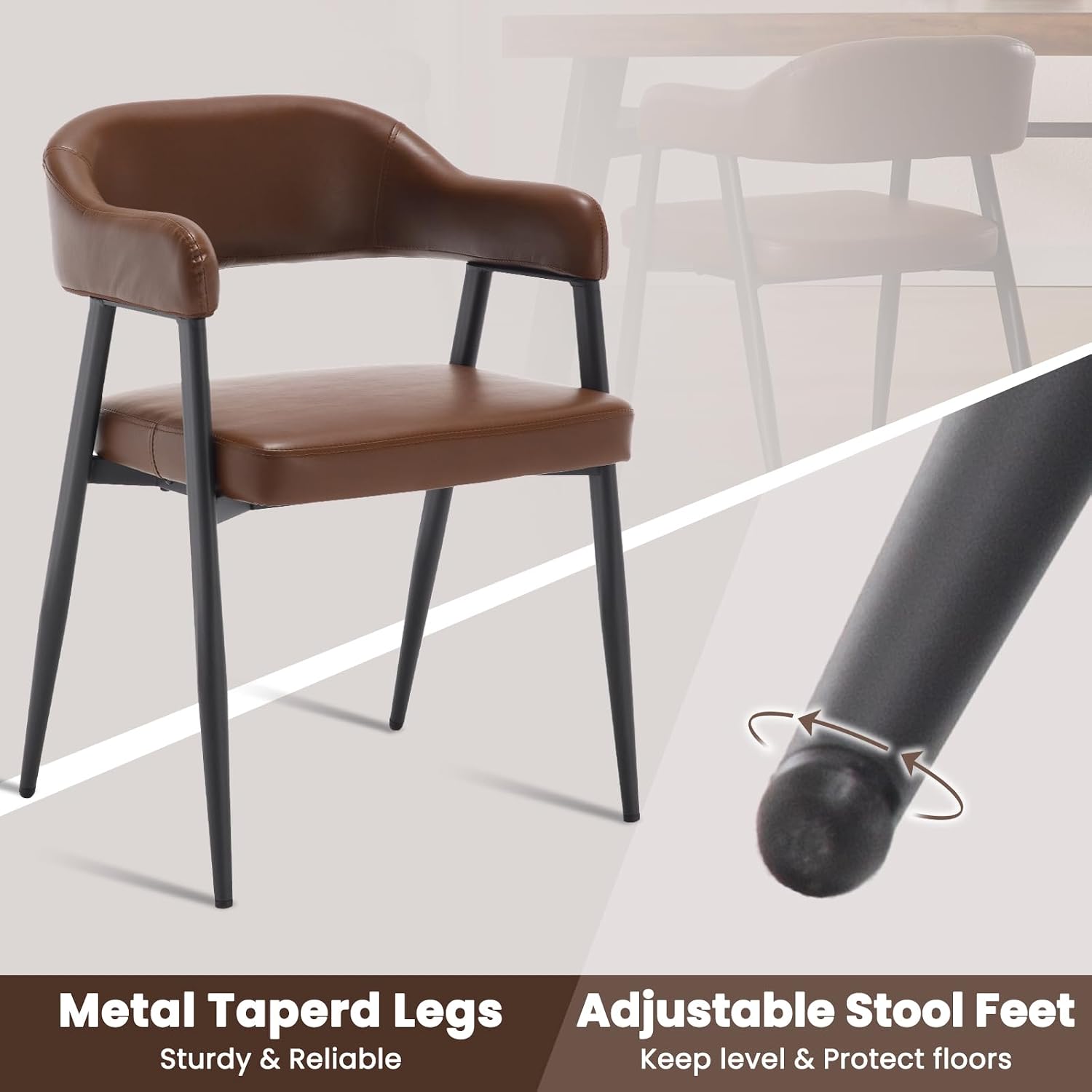 Wahson Brown Leather Dining Chairs Set of 6 with Black Metal Legs, Mid Century Modern Kitchen Chairs with Curved Backrest, Accent Low Back Armset Chairs for Dining Room/Kitchen/Bar