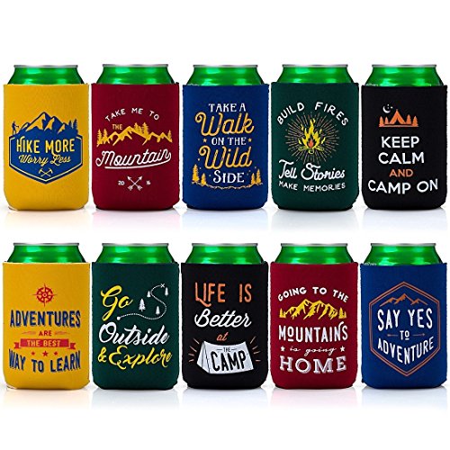 Avery Barn 10pc Mixed Design Camp Theme Neoprene Zipper Sleeve Insulated Beer Can Covers - Set 1: Great Outdoors