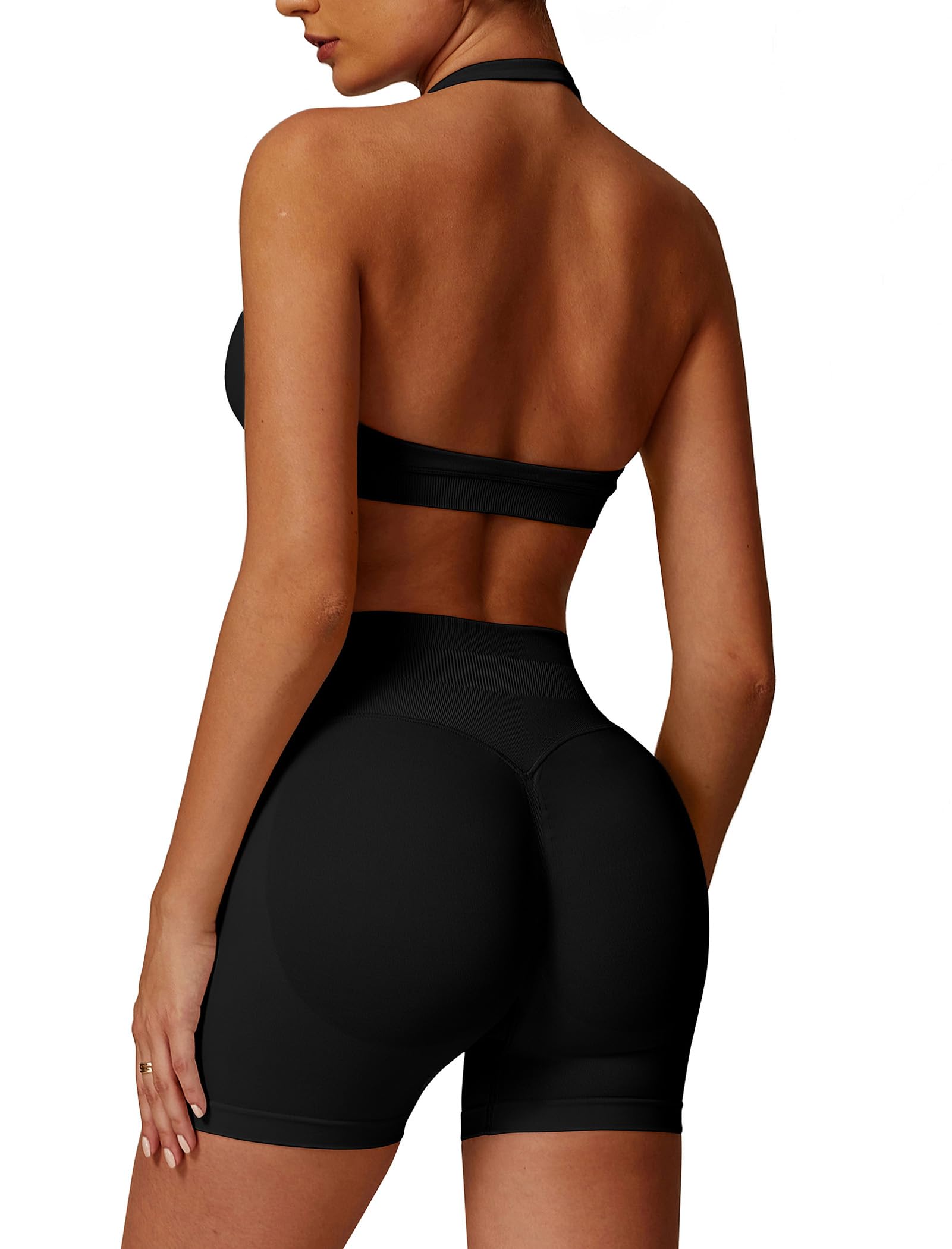 2 Piece Womens Workout Set Halter Neck Straps Sport Bra Matching Booty Lifting Shorts Gym Yoga Active Outfits