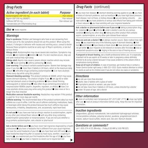 Amazon Basic Care Migraine Relief Acetaminophen, Aspirin (NSAID) and Caffeine Tablets, Pain Reliever/Pain Reliever Aid, 200 Count view 3