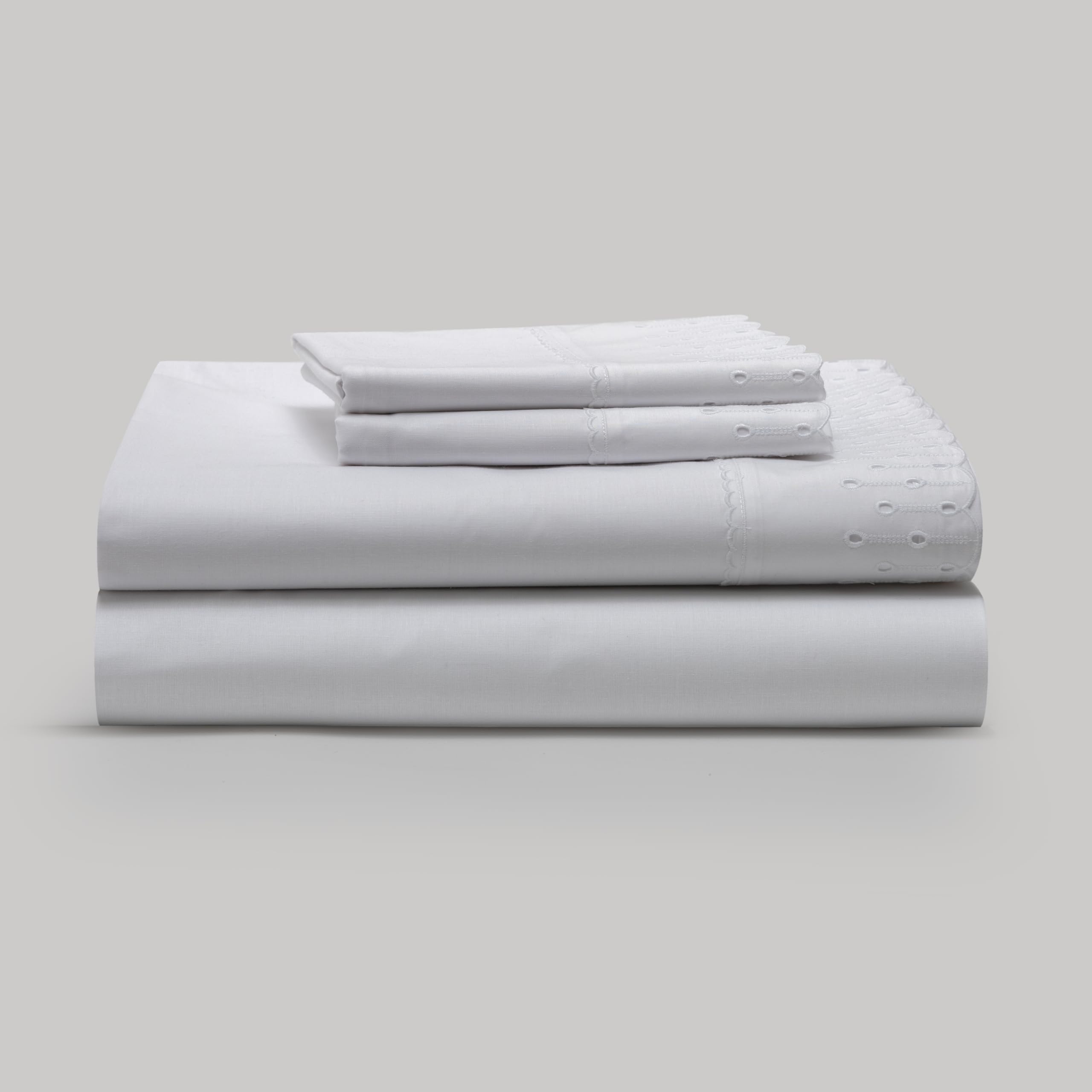 Sábanas Blancas con Bordado Blanco para Cama de 150 - Sábanas de Algodón de 200 Hilos 607 - Sábana Encimera, Sábana Bajera Ajustable y Dos Fundas de Almohada