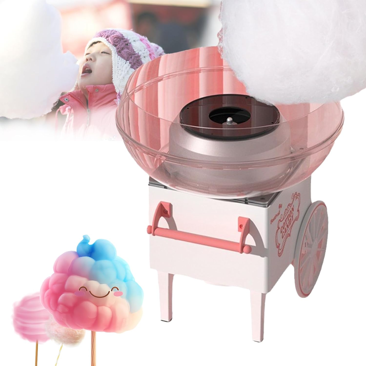 Cotton Candy Machine Household,400w Candy Floss Maker Cart with Spoon,Bamboo Skewers,One-Touch Operation,270mm Grille,for Kids Birthday Party