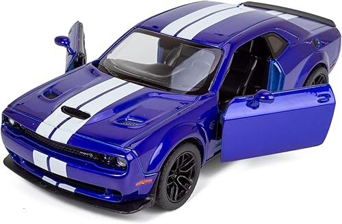Miniatura 4 de All Star Toys Dodge Challenger SRT Hellcat Widebody 2018 Azul índigo con rayas de carreras 124 fundido a presión Modelo Coche Motormax 79350