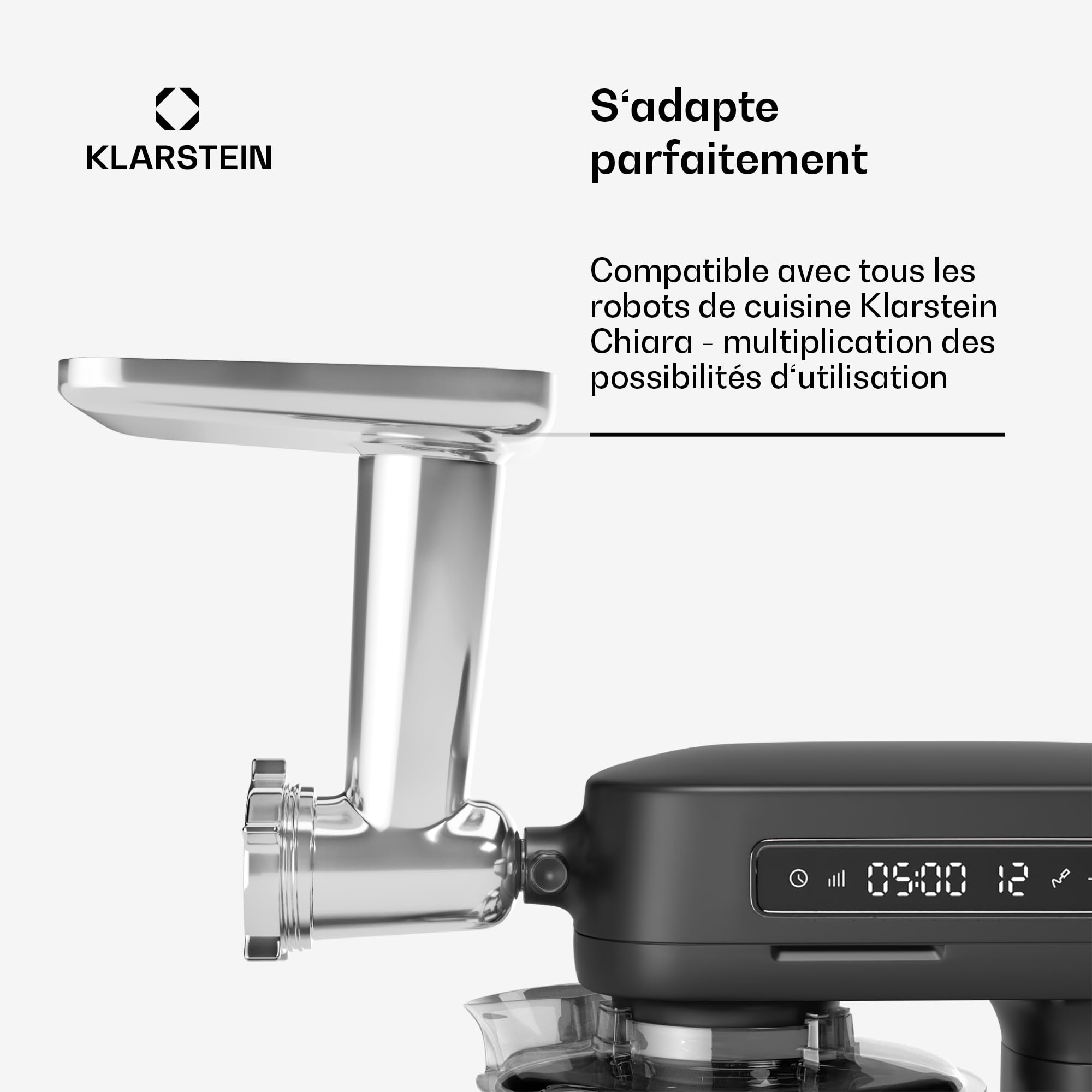 Klarstein Chiara hachoir pâtisserie – accessoire polyvalent, couteau 4 lames inox, 3 disques de coupe, préparation facile de saucisses, compatible avec le robot de cuisine Chiara
