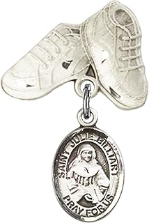 Sterling Silver Baby Badge with St. Julie Billiart Charm and Baby Boots Pin 1 X 5/8 inches