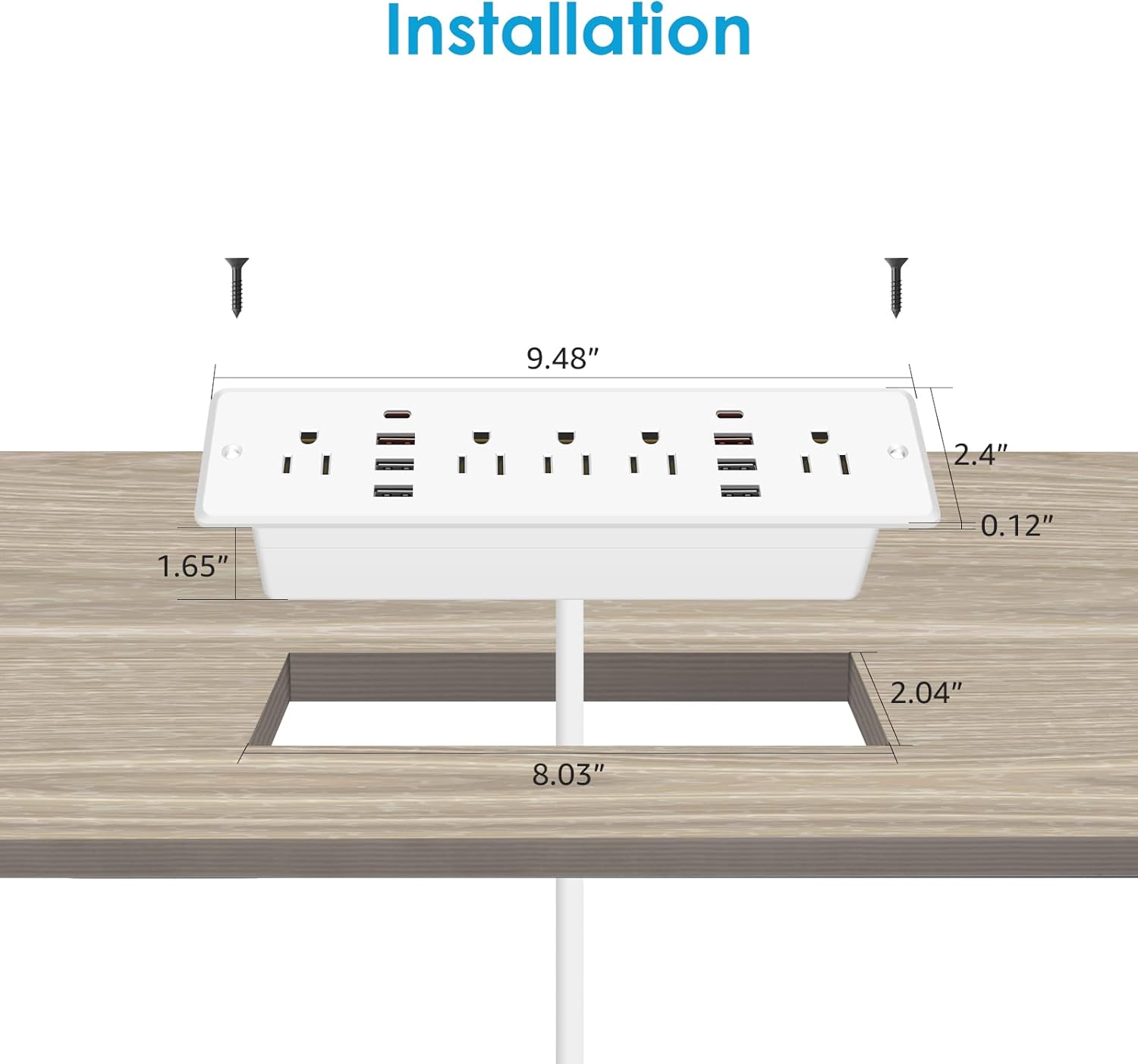 HHSOET 13 in 1 Recessed Power Strip Flat Plug, Fast Charging Desk Outlet with USB, Conference Recessed Power Outlet Socket with 5 AC Plugs, 6 USB Ports 2 USB-C, 6ft Power Cord. (White)