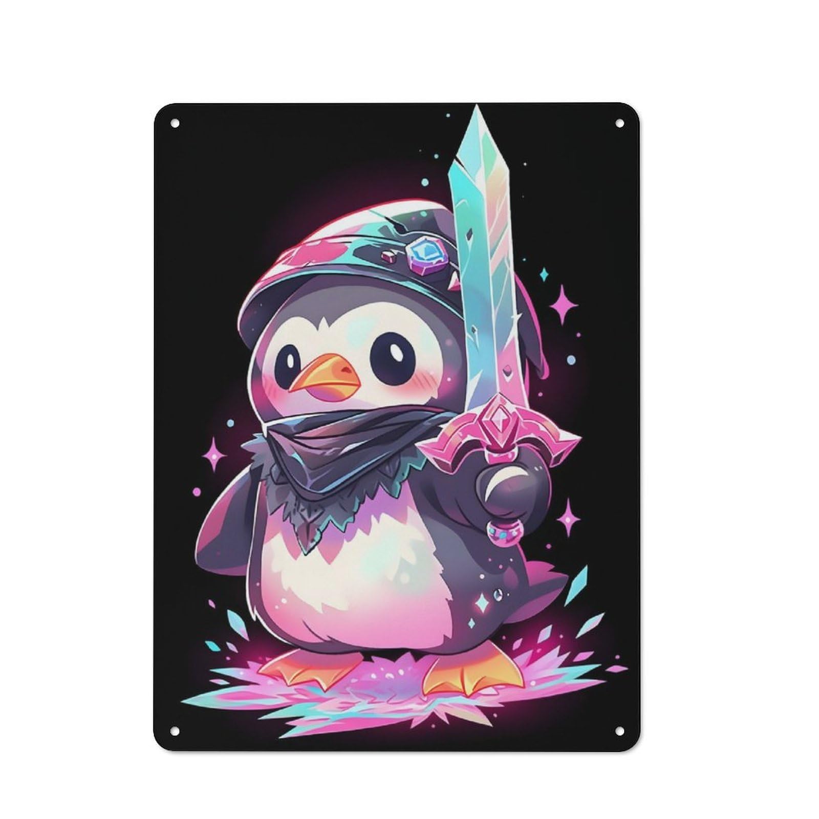 Junmoney Magical Penguin Swordsman Metal Sign 40X30cm With For Workshop Wall, Retro Decor, For Garage, Workshop And Man Cave Decoration
