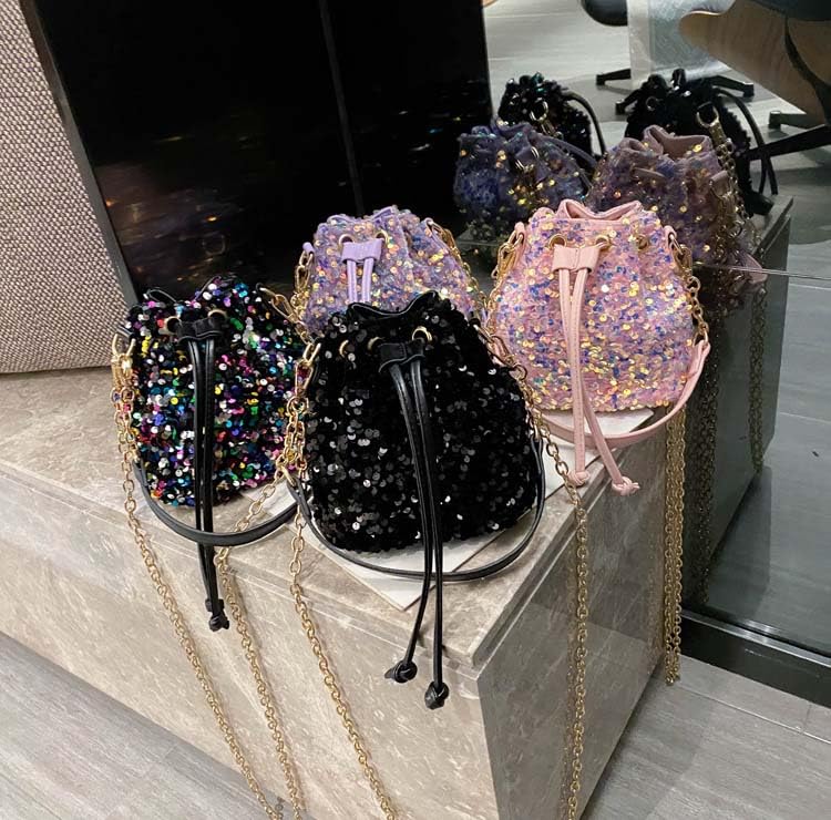 Sequin Bucket Bag Glitter Drawstring Shoulder Purse Bag Sparkle Mini Shopping Pouch Handbag with Detachable Chain Strap4