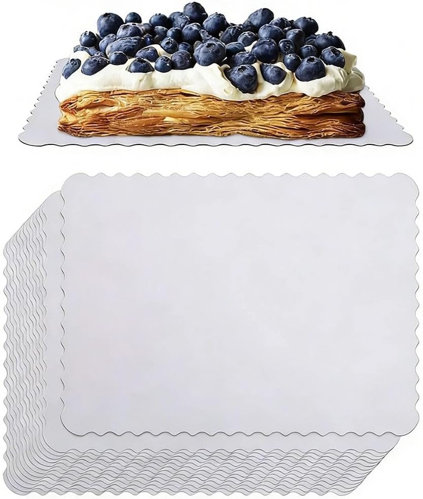 30 Pcs 19 x 14 Inch Rectangle Cake Boards Disposable Half Sheet Cake Board Pad Scalloped Dessert Base Greaseproof Corrugated Pastry Food Tray for Pizza Display Party Supplies, White