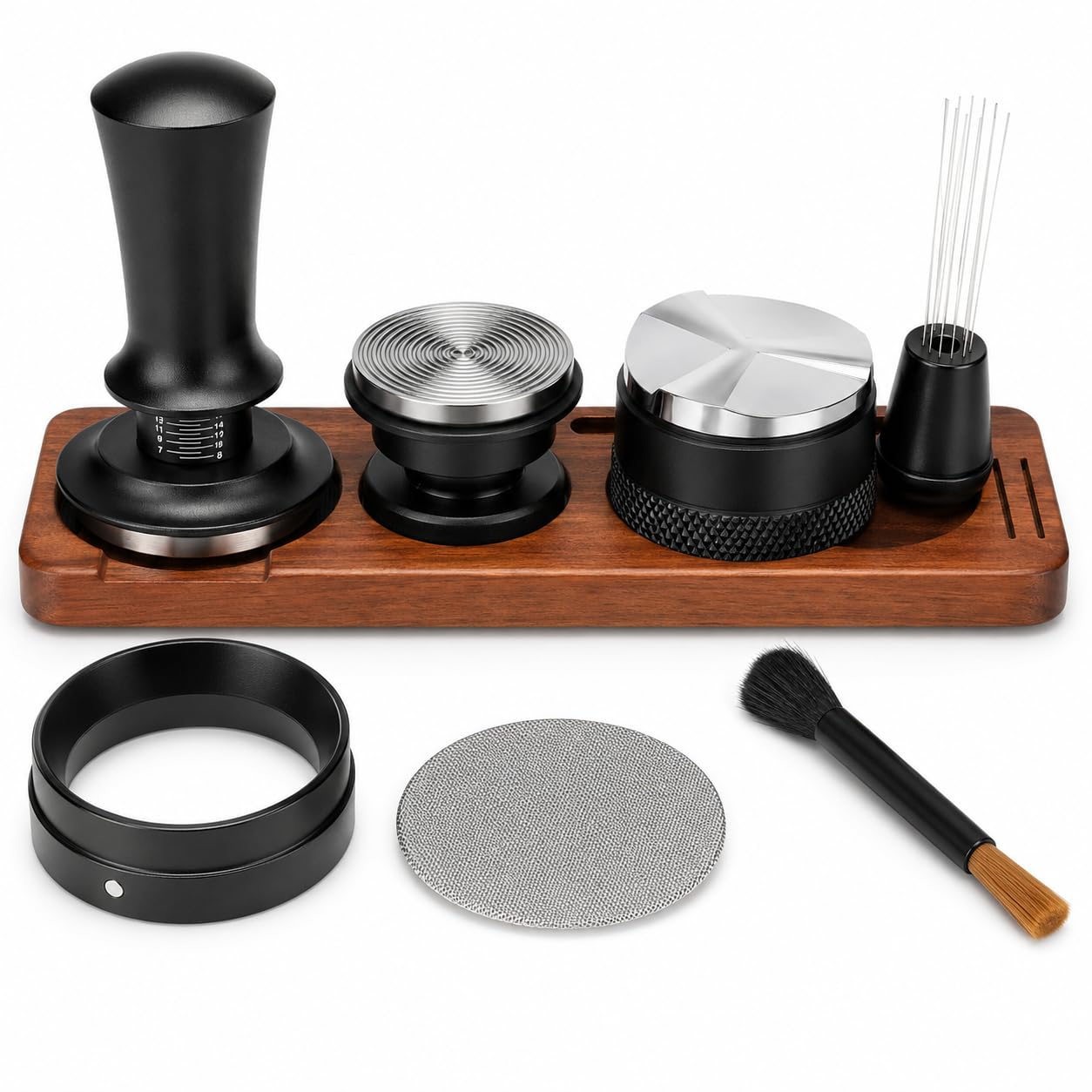 Set de 7 Accesorios para Café Espresso con Tamper, WDT y Base de Madera (58mm)