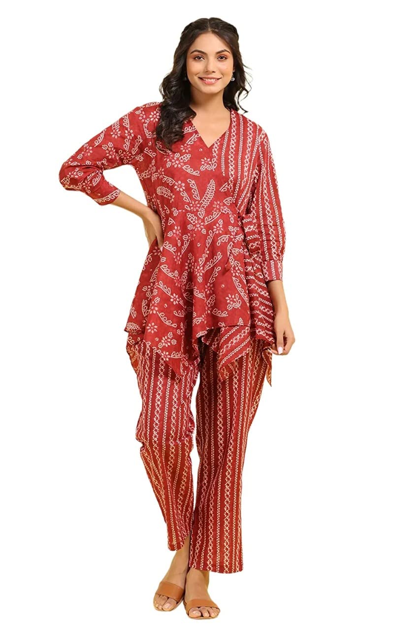 jisora Women's Floral Shibori on Red Organic Printed Pure Cotton Pyjama Top Night Suit Set-picture-2