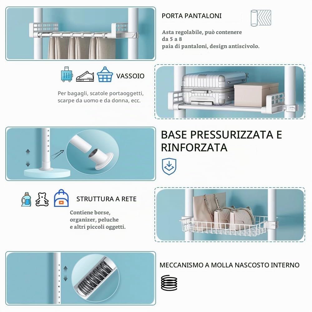 Armadio Telescopico, Cabina Armadio Regolabili in Altezza e Larghezza, Telescopico per Guardaroba, Robusto Stendibiancheria in Acciaio, Carico Massimo 60kg, per Camera da Letto