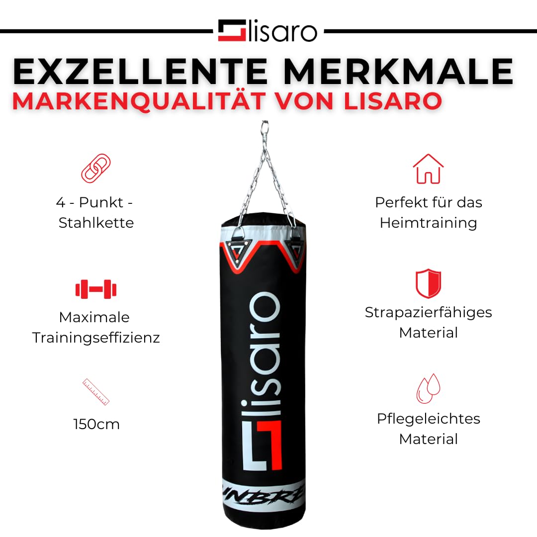Lisaro Profi Boxsack/Sandsack 150cm | geeig. für Jede Sportart | Ca. 40 kg | gefüllt | inkl. Vierpunkt - Stahlkette | Material Kunstleder (Vinyl) | Studioqualität | Unbreakable