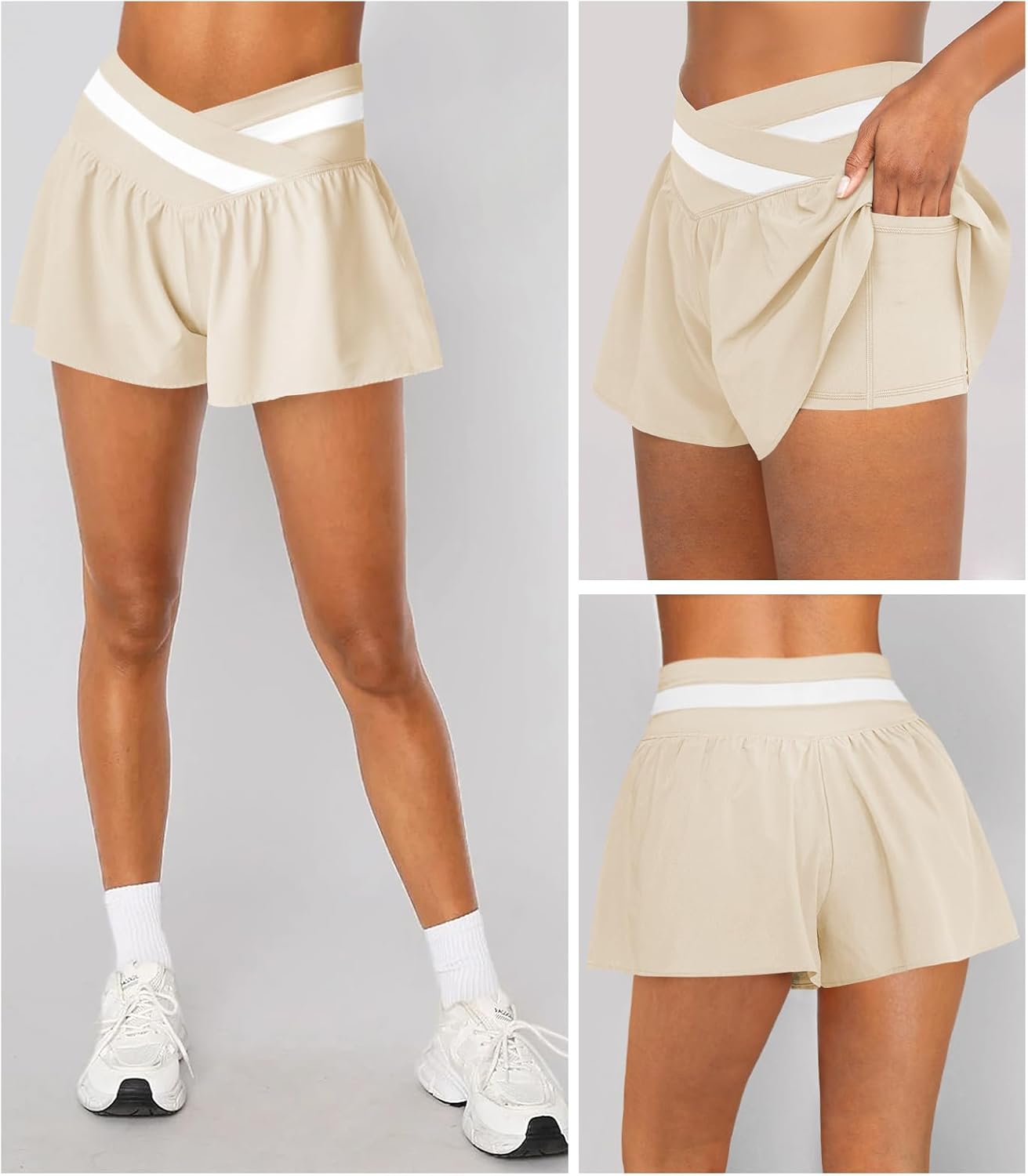 Womens Athletic Workout Shorts Flowy Butterfly Elastic Crossover High Waisted 2 in 1 Running Shorts Pockets for Women - Image 2