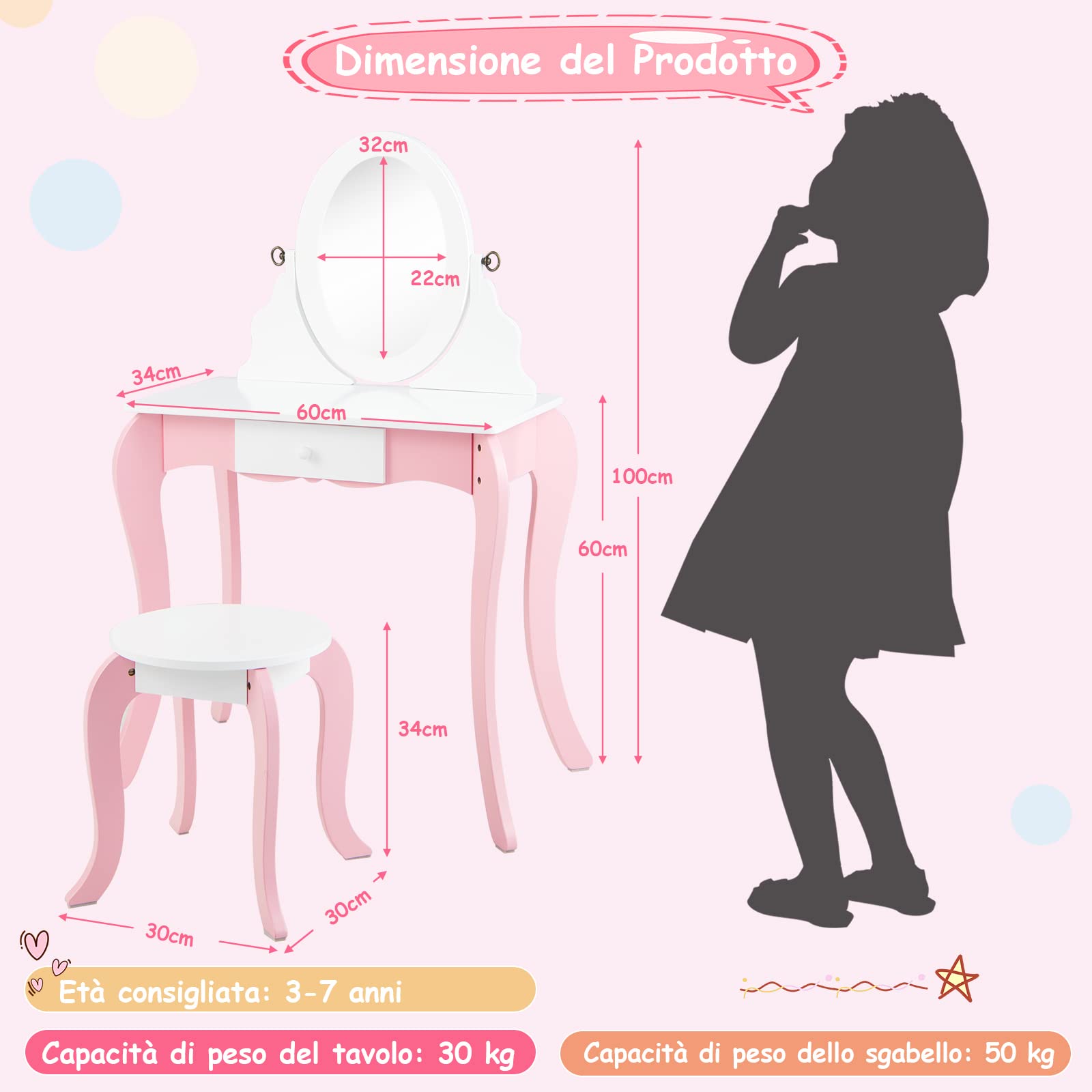 RELAX4LIFE 2 in 1 Toeletta Trucco per Bambini, Set Tavolo da Trucco per bambini, Specchio e Sgabello, Set di Vanità per Bambini da 3 a 7 anni