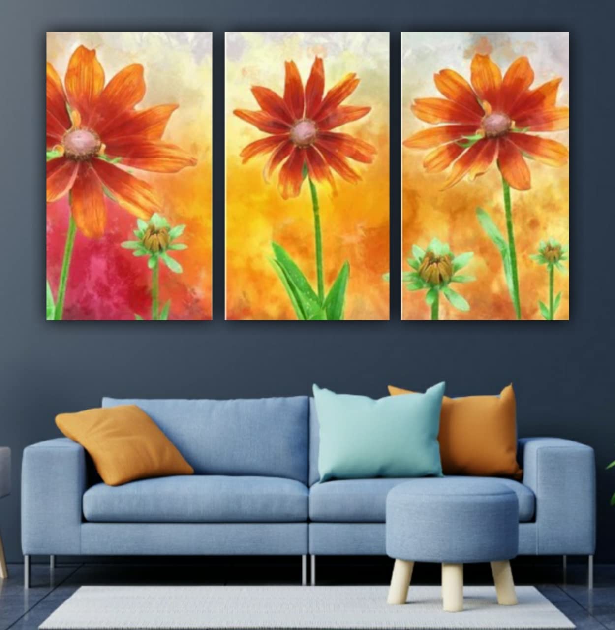 The Seven Colours Beautiful Textured Flower Paintings Modern Abstract Wall Art Canvas Painting Multiple Frame Set of 3 for Living Room (18 by 24 Inches Each)