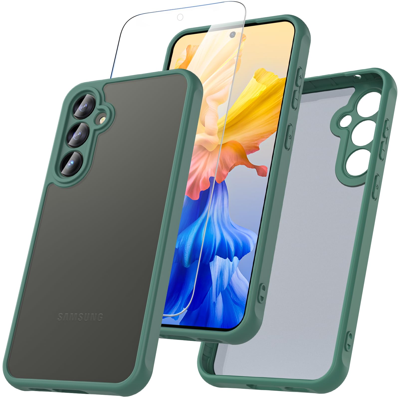 Case for Galaxy A14 5G Phone Case with Glass Screen Protector, Shockproof Military-Grade Drop Protection Matte Translucent Anti-Scratch Case for Samsung Galaxy A14 5G/4G (Green)