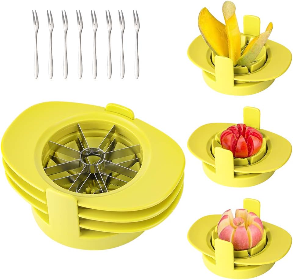 Apple Corer and Divider, GIPTIME 4-in-1 Mango Slicer Tomato Cutter with Common Base, Kitchen Fruit Corer Slicer Cutter with 8 Fruit Forks for Apple, Mango, Orange, Gift for Mother and Wife