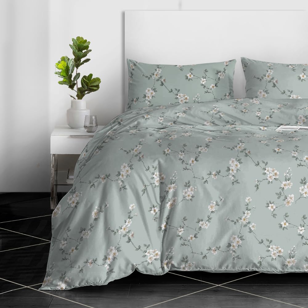 RAYBedding 2PCS Single Duvet Set 100% Egyptian Cotton Bedding Single Bed Set 400 Thread Count Floral Printed Mint Bloom Duvet Cover Single with Pillow Case