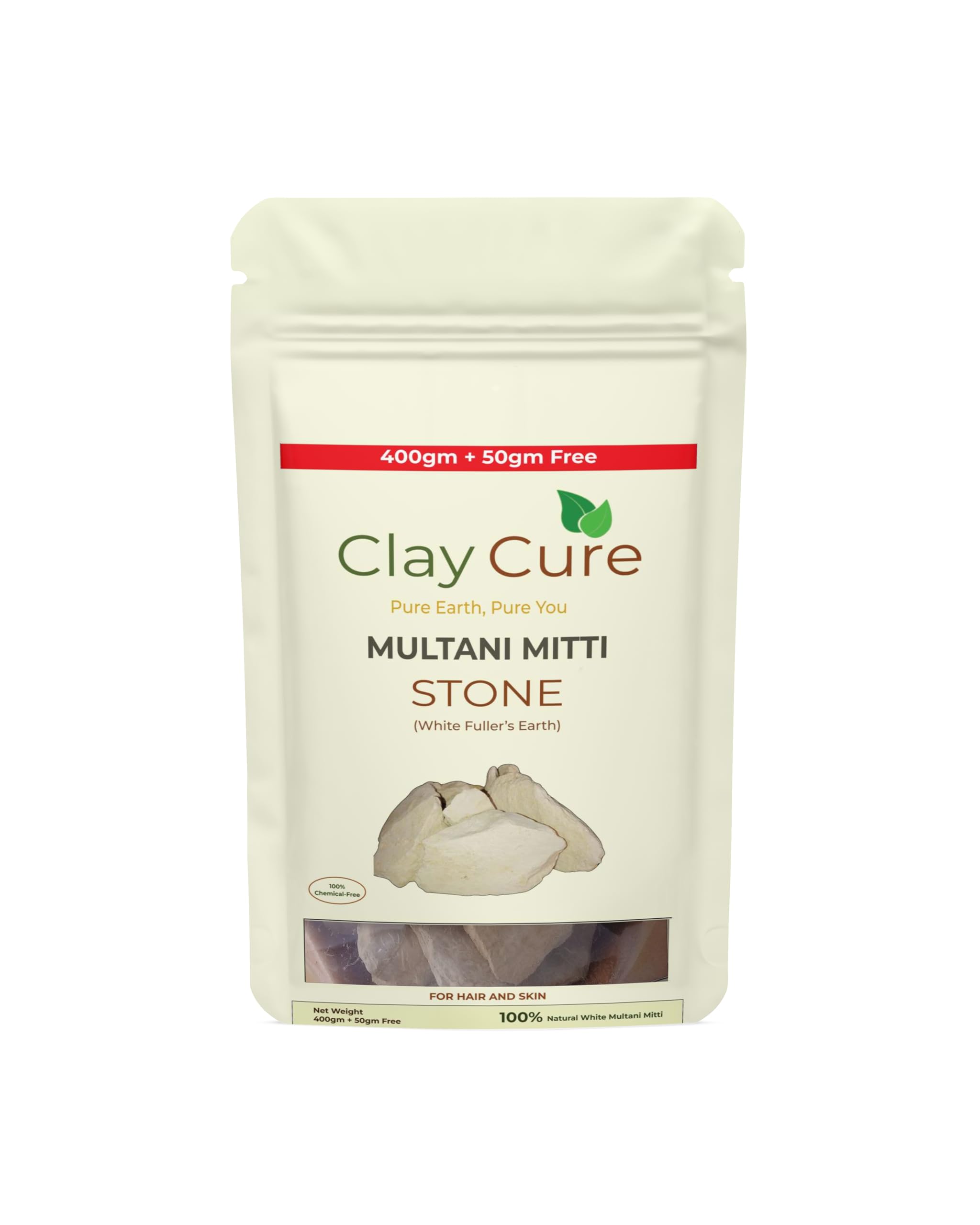 ClayCure Multani Mitti Stone | White Multani |Skin Brightening, Oil Control & Deep Cleansing Face Pack | 100% Pure & Natural Fuller's Earth for Glowing Skin | 400gm + 50gm free