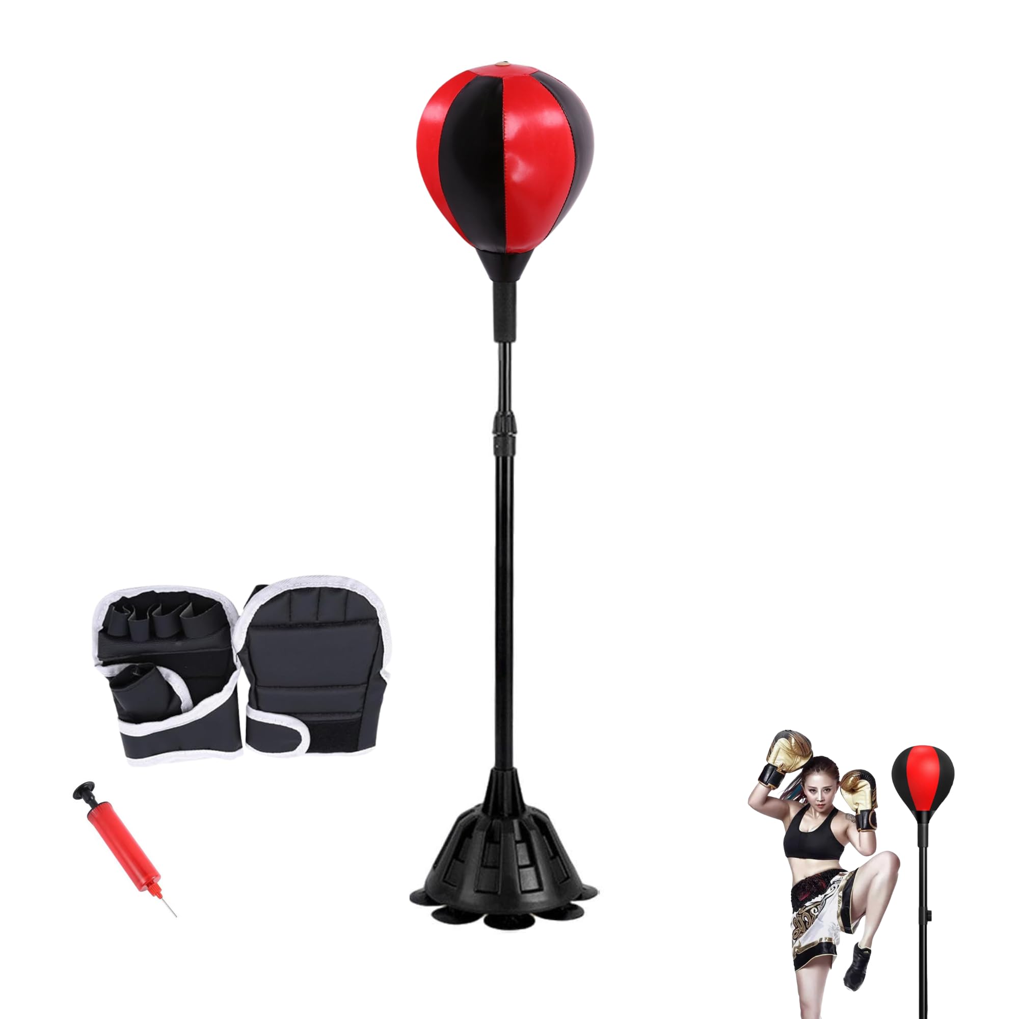 Bola de Boxeo con Soporte Ajustable, Saco de Boxeo Vertical, Base Fija, Incluye Guantes, Inflador y Destornillador. Pelota de PU de Alto Rebote. Entrenamiento en Casa Ideal para Niños y Adultos.