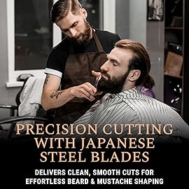 Ontaki Japanese Steel Beard & Hair Scissors - Safe Rounded Tips & Mustache Comb - Ergonomic Grip Beard Scissors for Men - Professional Craftsmanship Barber Shears - Midnight Blue, 5.5