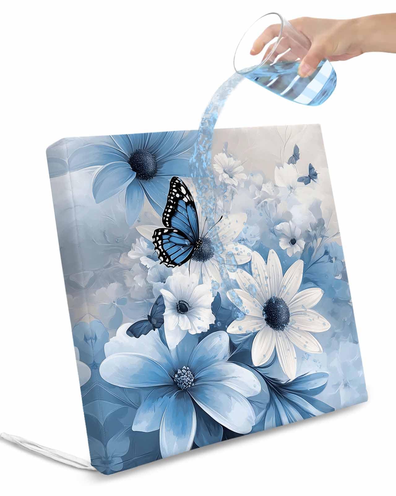 2 Pack Blue White Floral Waterproof Cushion Covers with Ties, Outdoor Patio Chaise Lounge Chair Seat Cushion Slip Covers Replacement(Only Cover) Elegant Rustic Butterfly Botanical 22