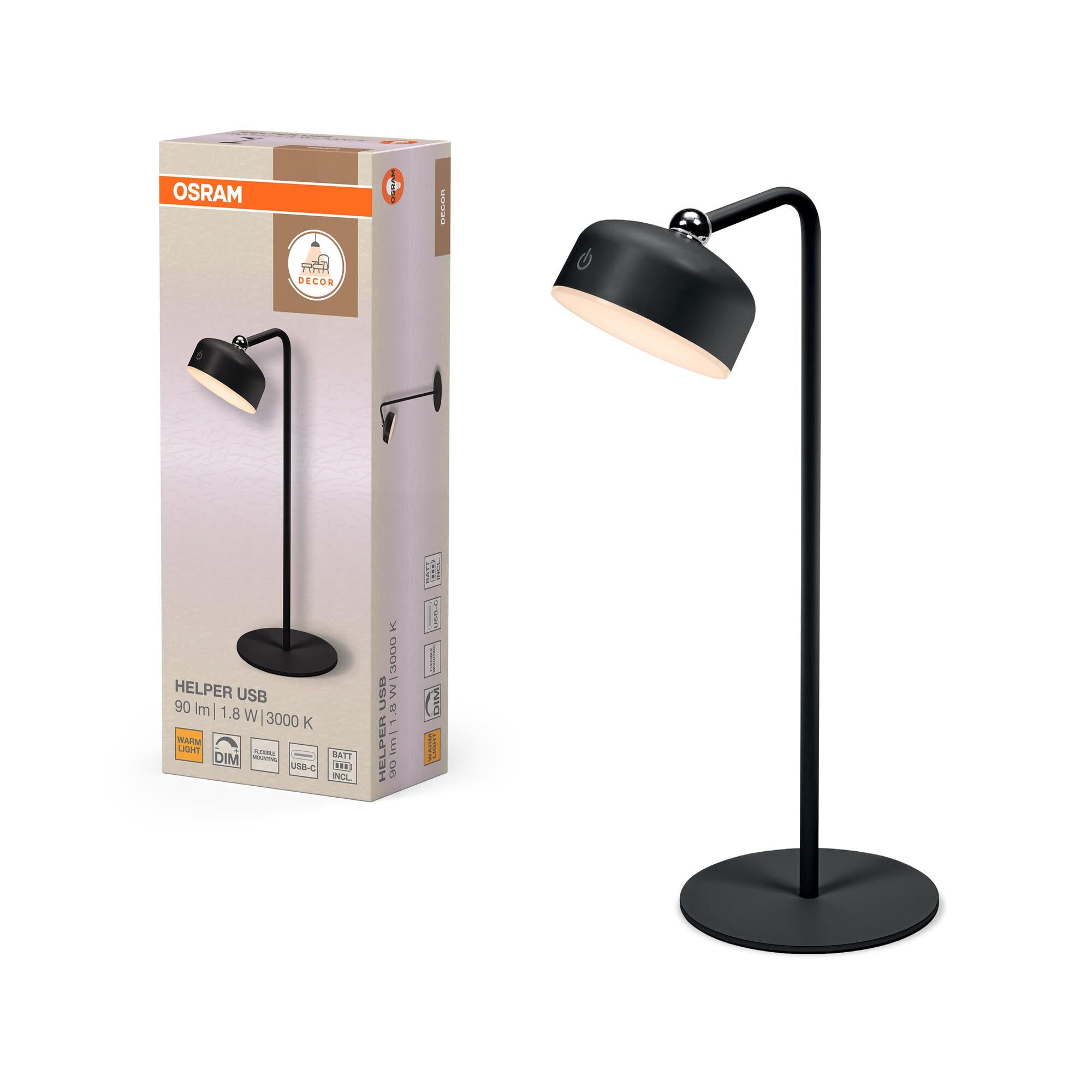 Osram LED-Leuchte mit USB-Akku, 3000 K, Touch-DIM, magnetischer Wandhalterung, als Tischleuchte, Klemmleuchte oder Nachtlicht flexibel einsetzbar