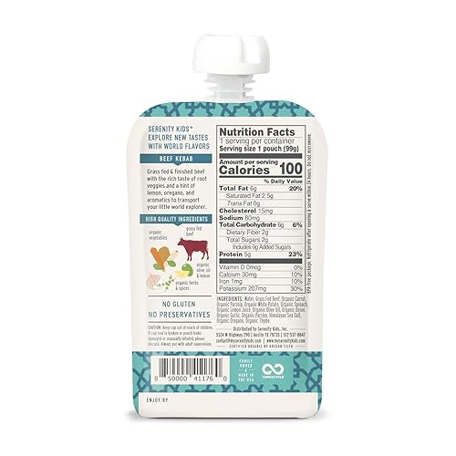 Miniatura 2 de Serenity Kids 7+ Months World Explorers - Bolsas de comida para bebés, puré hecho con carnes de origen ético y verduras orgánicas, bolsa de 3.5