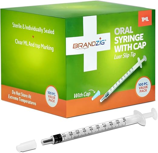 1ml Syringe with Cap (100 Pack) | Oral Dispenser Without Needle, Luer Slip Tip, | Individually Wrapped Medicine Dropper for Infants & Pets