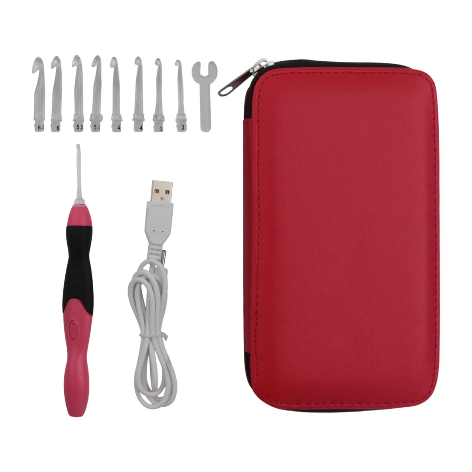 Juego de 5 agujas de ganchillo iluminadas, 9 piezas, herramientas de tejer recargables por USB, con funda, color rojo