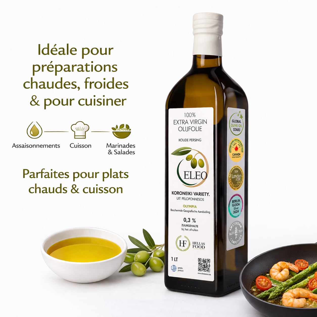 ELEO Olympia - Huile d’Olive 1L Bouteille Extra Viege - Pressée à Froid - 100% Olives Grecques Koroneiki - Qualité Supérieure - Riche en Antioxydants - Lauréat de Médailles Internationales
