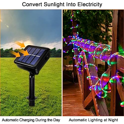 GHONLZIN Solar String Lights Outdoor Rope Lights 33ft 8 Modes 100 LEDs Solar Powered Waterproof Rope Lights for Garden Wedding Christmas Party Holiday Decorations (12M-Colorful) - Image 3